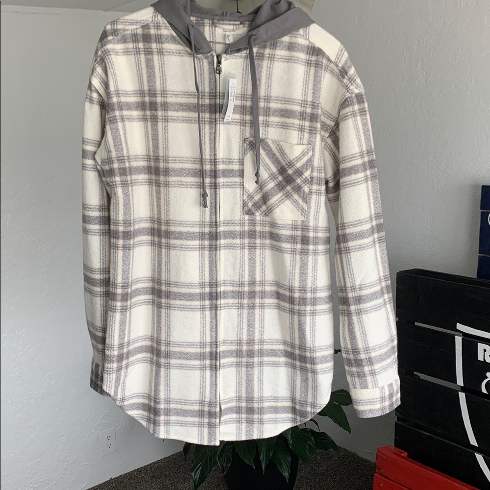 Hooded Plaid Zip-Up Sweater Jacket - Gray/Cream